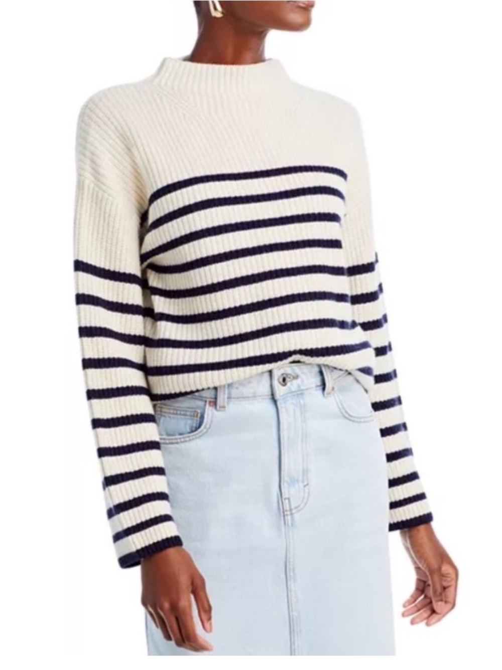 Rails Claudia Cream Navy Striped Wool cashmere Sweater Mock Neck Nautical money